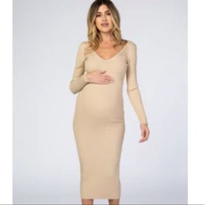 Taupe V-Neck long sleeve fitted maxi dress